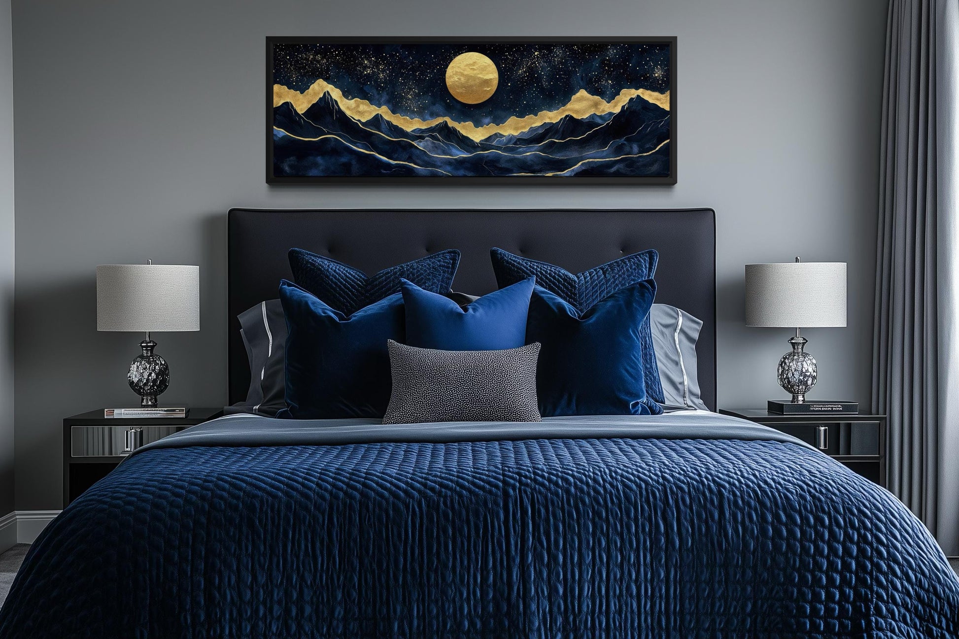 Gold Navy Wall Art | Moon Mountain Landscape Canvas Print - Celestial Decor