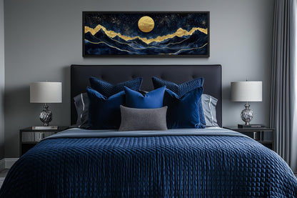 Gold Navy Wall Art | Moon Mountain Landscape Canvas Print - Celestial Decor