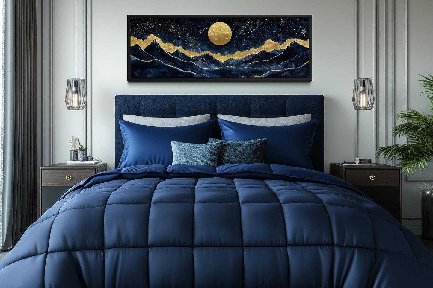 Gold Navy Wall Art | Moon Mountain Landscape Canvas Print - Celestial Decor