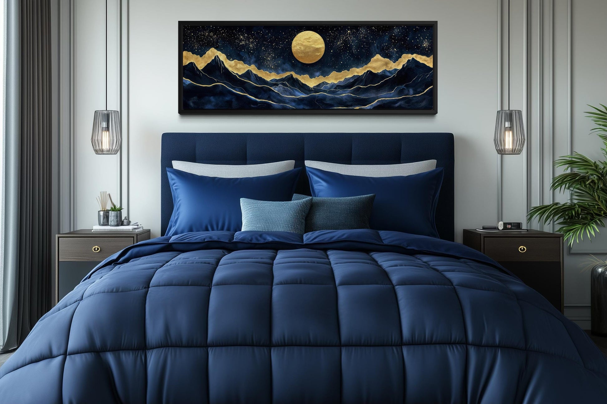 Gold Navy Wall Art | Moon Mountain Landscape Canvas Print - Celestial Decor
