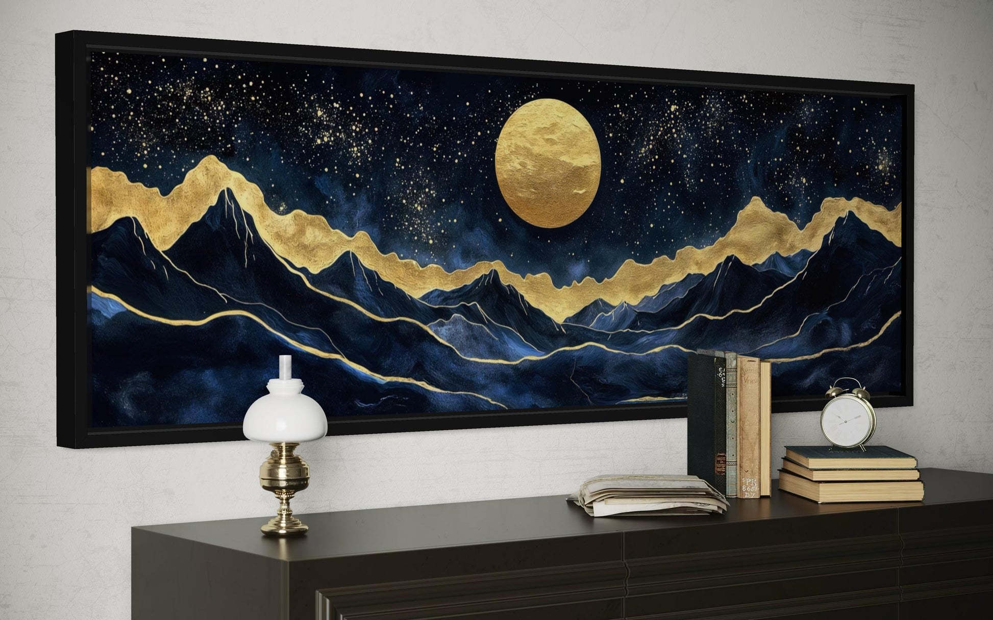 Gold Navy Wall Art | Moon Mountain Landscape Canvas Print - Celestial Decor