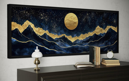 Gold Navy Wall Art | Moon Mountain Landscape Canvas Print - Celestial Decor