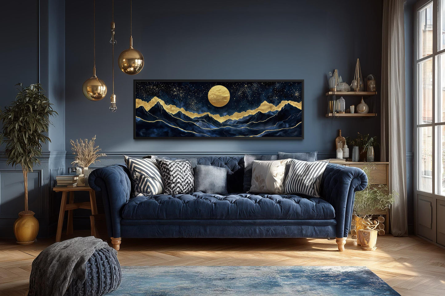 Gold Navy Wall Art | Moon Mountain Landscape Canvas Print - Celestial Decor