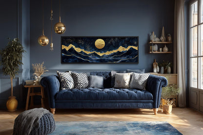 Gold Navy Wall Art | Moon Mountain Landscape Canvas Print - Celestial Decor