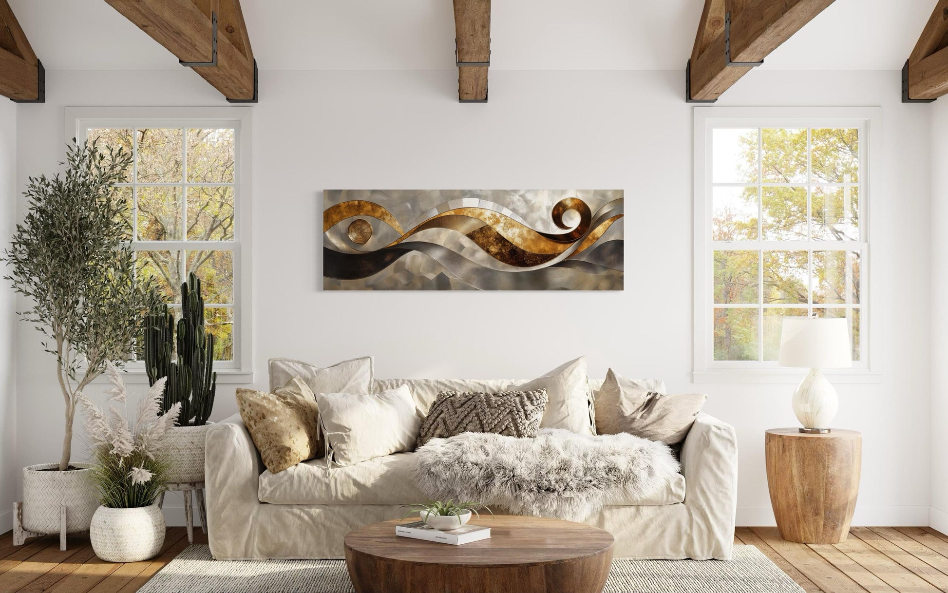 Gold Silver Abstract Swirl Long Horizontal Wall Art