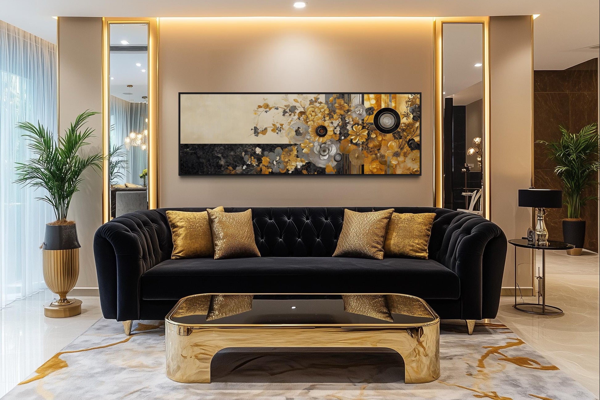 Gold Silver Black Floral Long Horizontal Abstract Wall Art