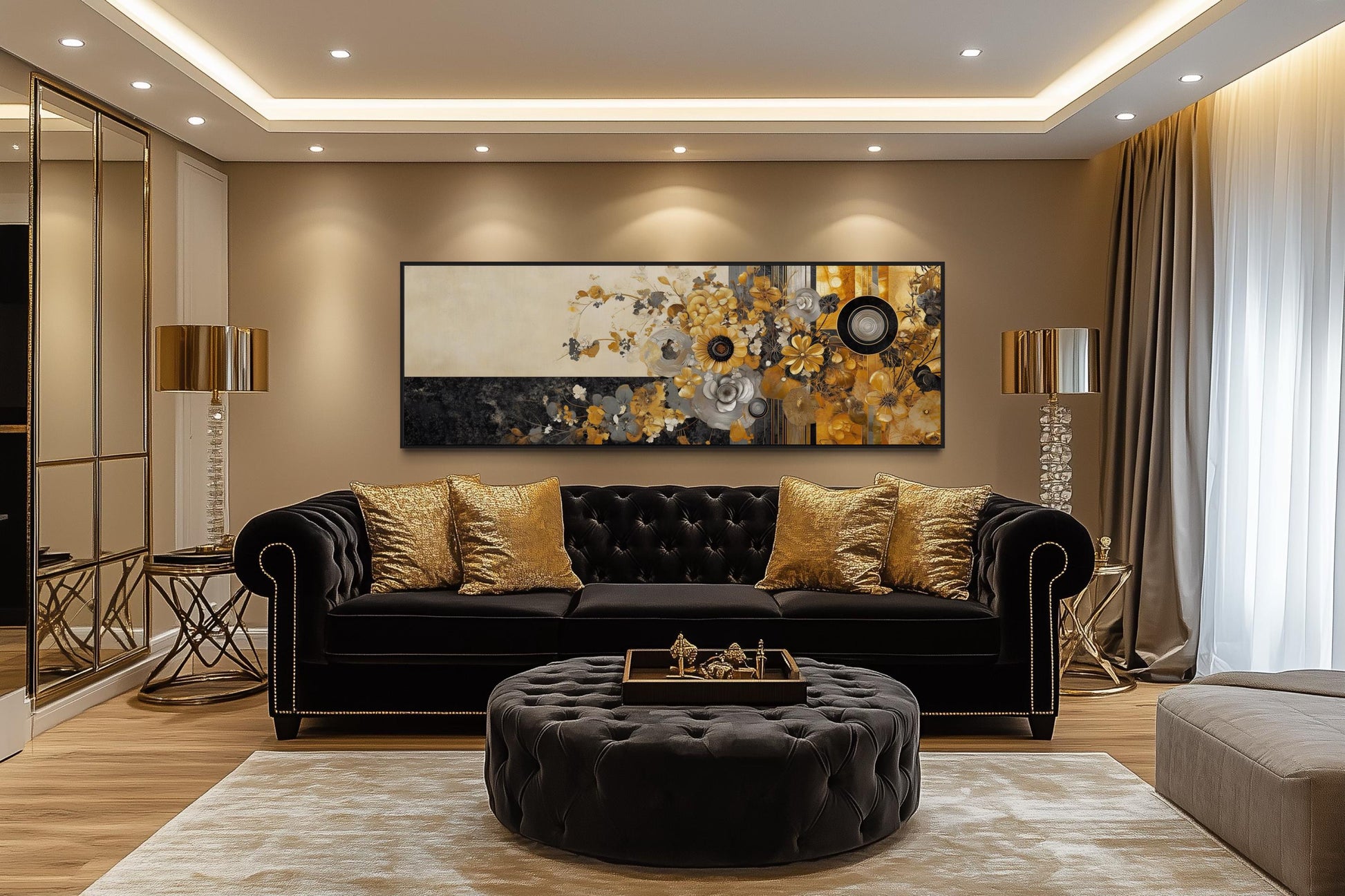 Gold Silver Black Floral Long Horizontal Abstract Wall Art
