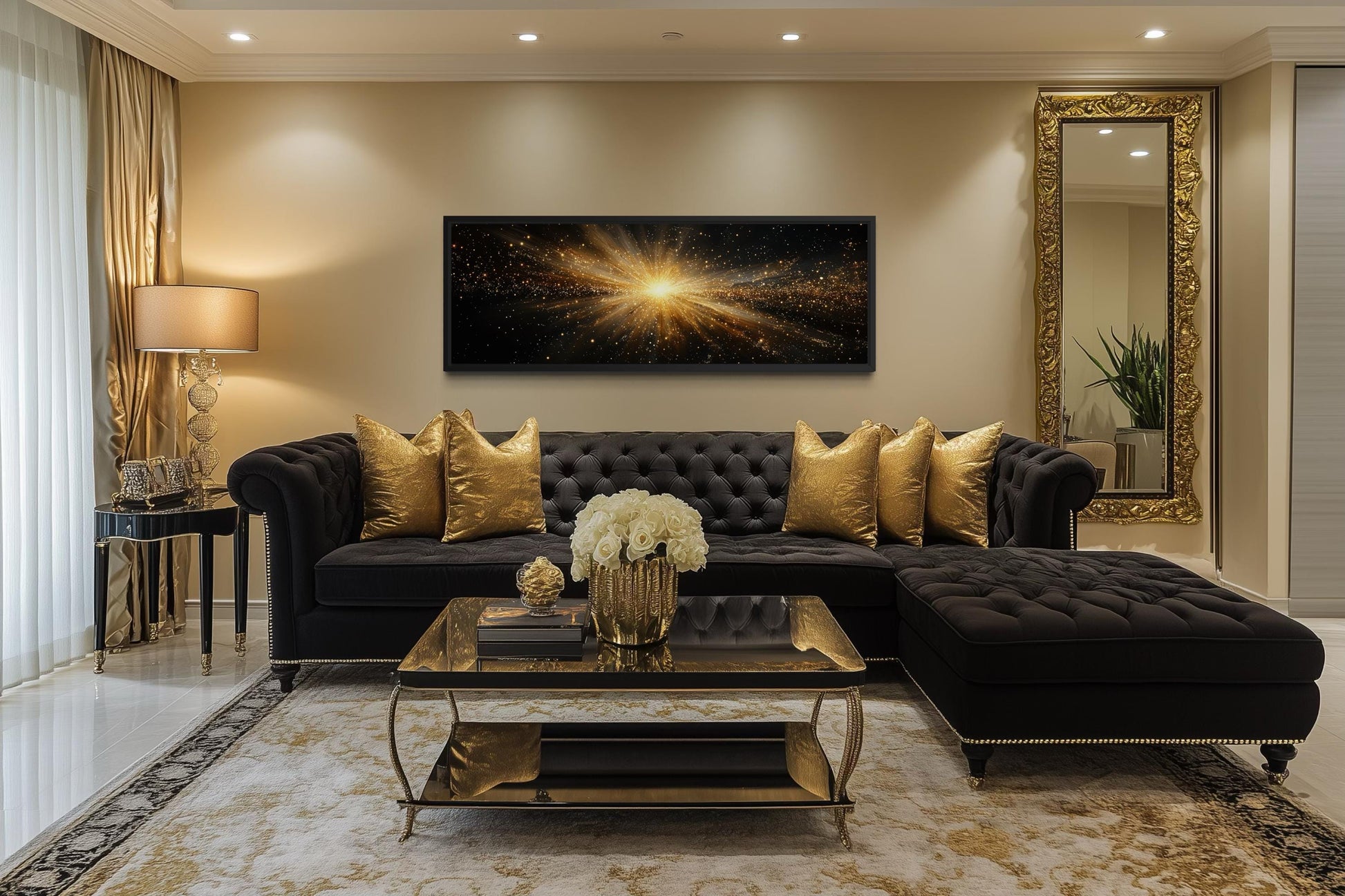 Gold Starburst Wall Art, Abstract Black Gold Light Explosion Painting Above Bed Wall Decor