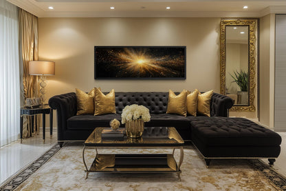 Gold Starburst Wall Art, Abstract Black Gold Light Explosion Painting Above Bed Wall Decor