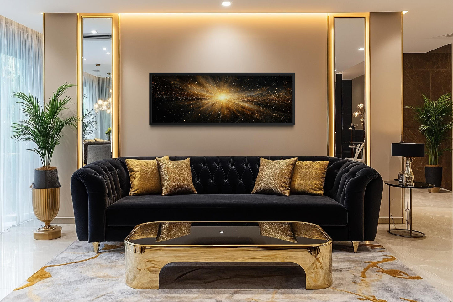 Gold Starburst Wall Art, Abstract Black Gold Light Explosion Painting Above Bed Wall Decor