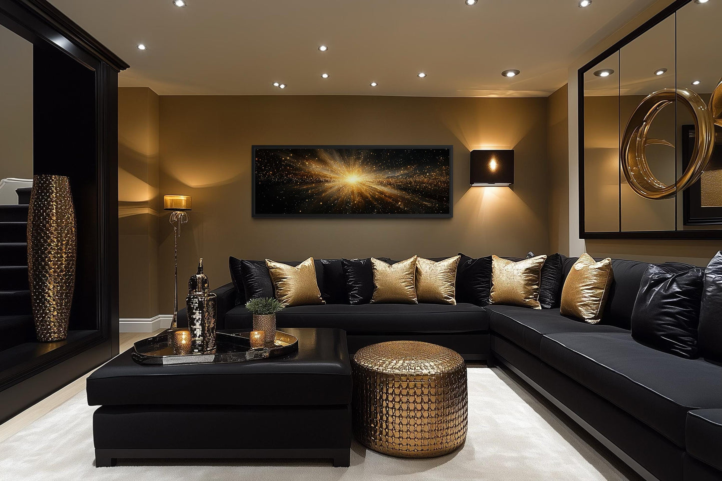 Gold Starburst Wall Art, Abstract Black Gold Light Explosion Painting Above Bed Wall Decor