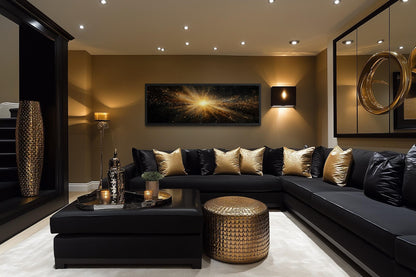 Gold Starburst Wall Art, Abstract Black Gold Light Explosion Painting Above Bed Wall Decor