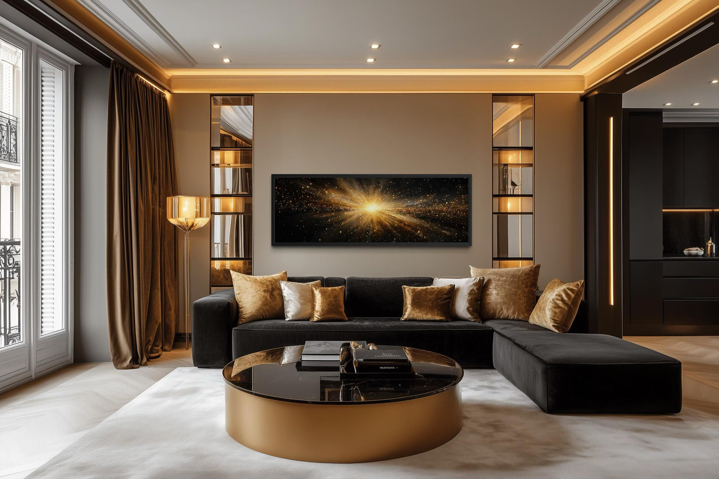 Gold Starburst Wall Art, Abstract Black Gold Light Explosion Painting Above Bed Wall Decor