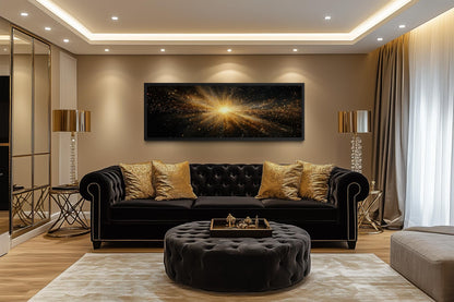 Gold Starburst Wall Art, Abstract Black Gold Light Explosion Painting Above Bed Wall Decor