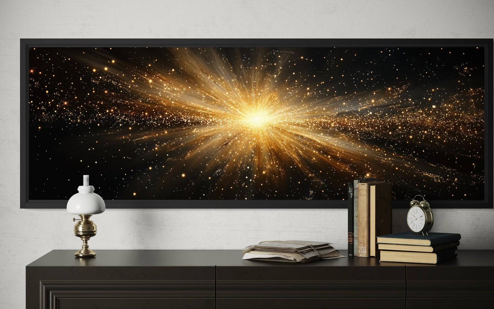 Gold Starburst Wall Art, Abstract Black Gold Light Explosion Painting Above Bed Wall Decor