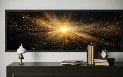 Gold Starburst Wall Art, Abstract Black Gold Light Explosion Painting Above Bed Wall Decor