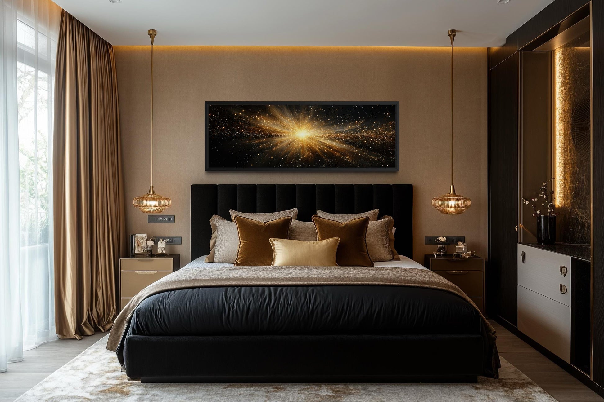 Gold Starburst Wall Art, Abstract Black Gold Light Explosion Painting Above Bed Wall Decor