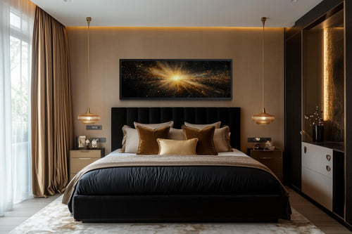 Gold Starburst Wall Art, Abstract Black Gold Light Explosion Painting Above Bed Wall Decor