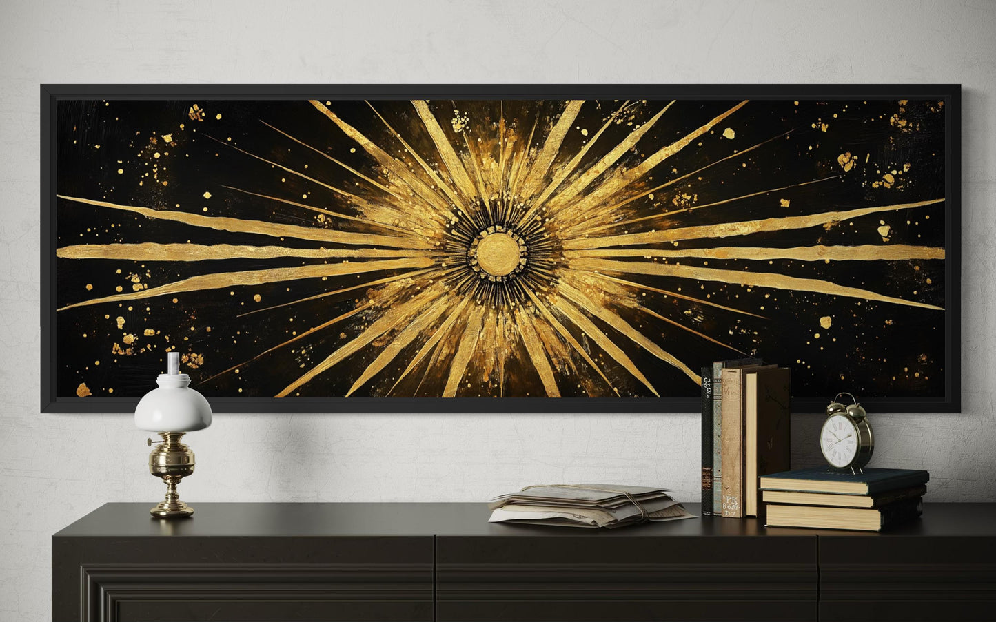 Gold Sun Wall Art – Black Gold Canvas | Long Horizontal Sunburst Abstract Painting