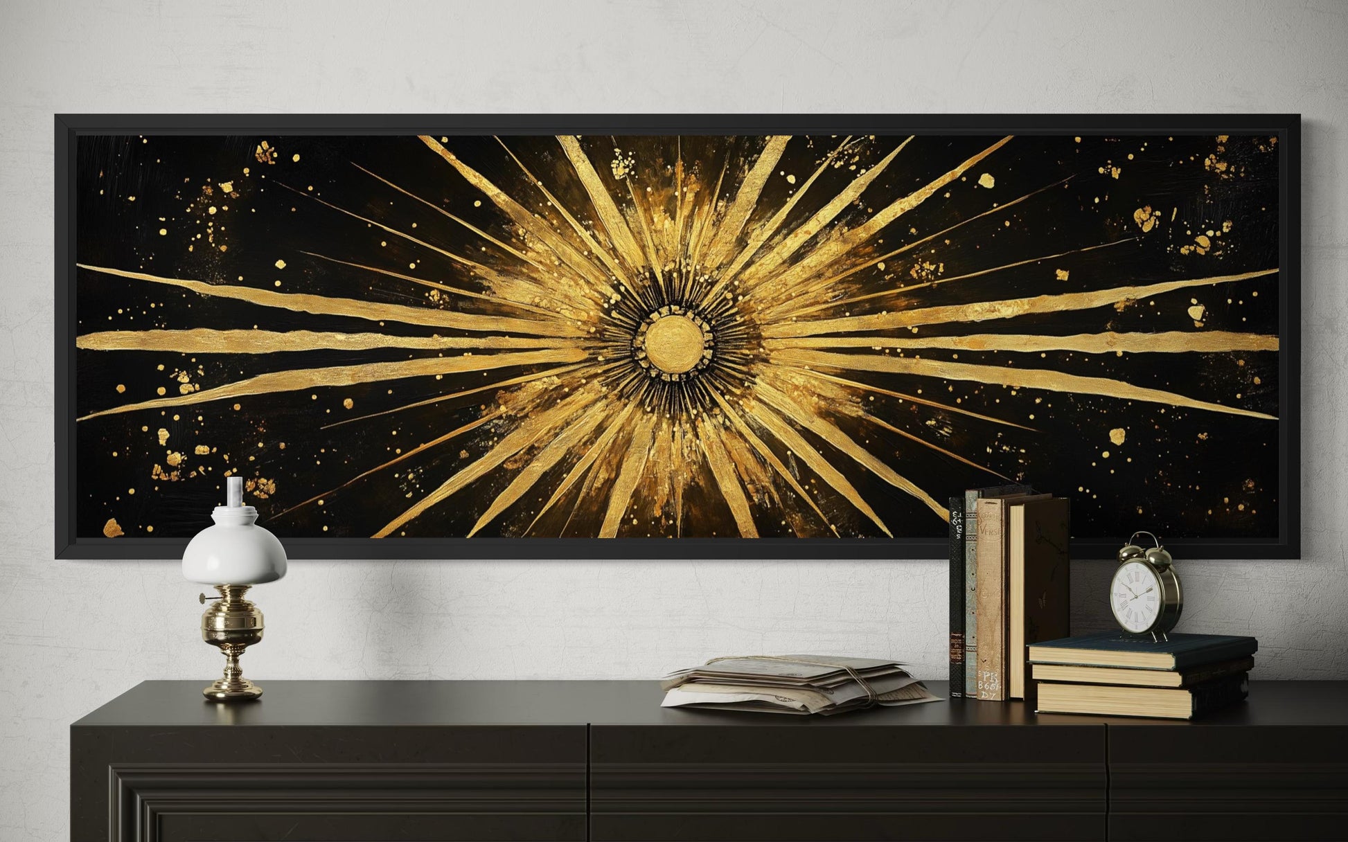 Gold Sun Wall Art – Black Gold Canvas | Long Horizontal Sunburst Abstract Painting