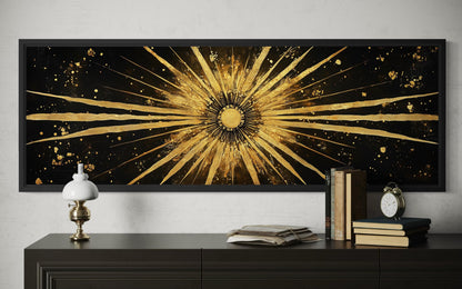 Gold Sun Wall Art – Black Gold Canvas | Long Horizontal Sunburst Abstract Painting