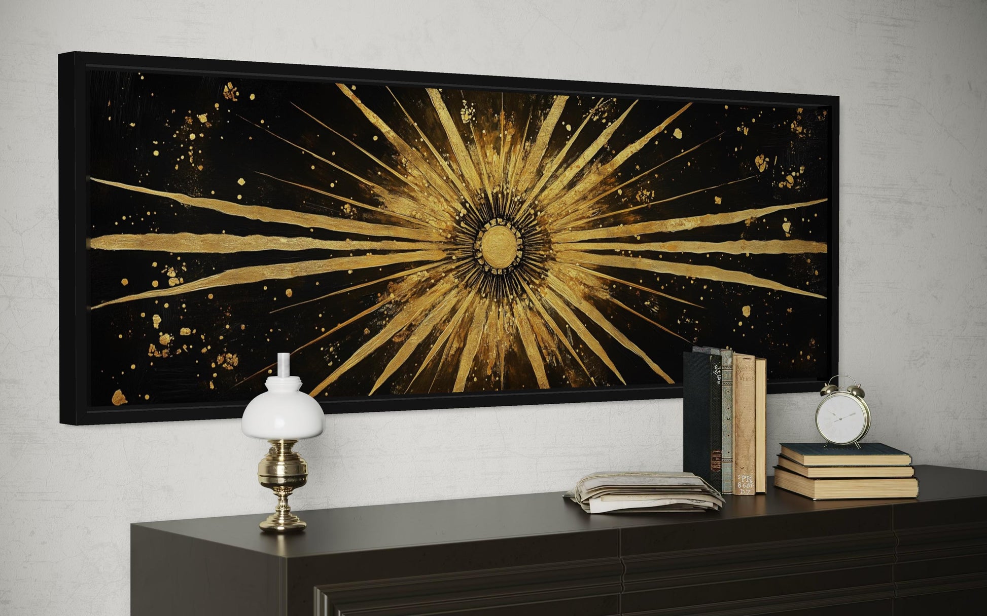 Gold Sun Wall Art – Black Gold Canvas | Long Horizontal Sunburst Abstract Painting