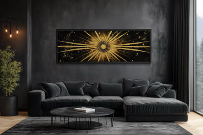 Gold Sun Wall Art – Black Gold Canvas | Long Horizontal Sunburst Abstract Painting