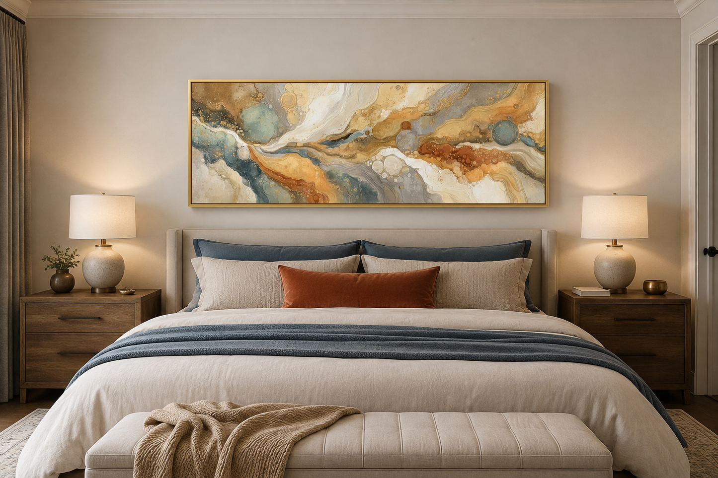 Gold Grey Abstract Long Horizontal Marble Canvas Wall Art