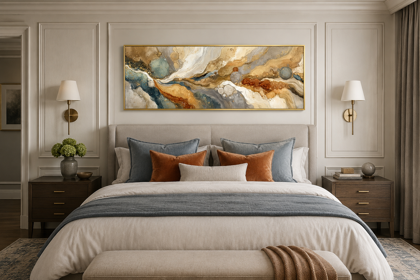 Gold Grey Abstract Long Horizontal Marble Canvas Wall Art