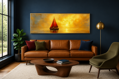 Gold Red Sail Boat Long Narrow Framed Canvas Wall Art