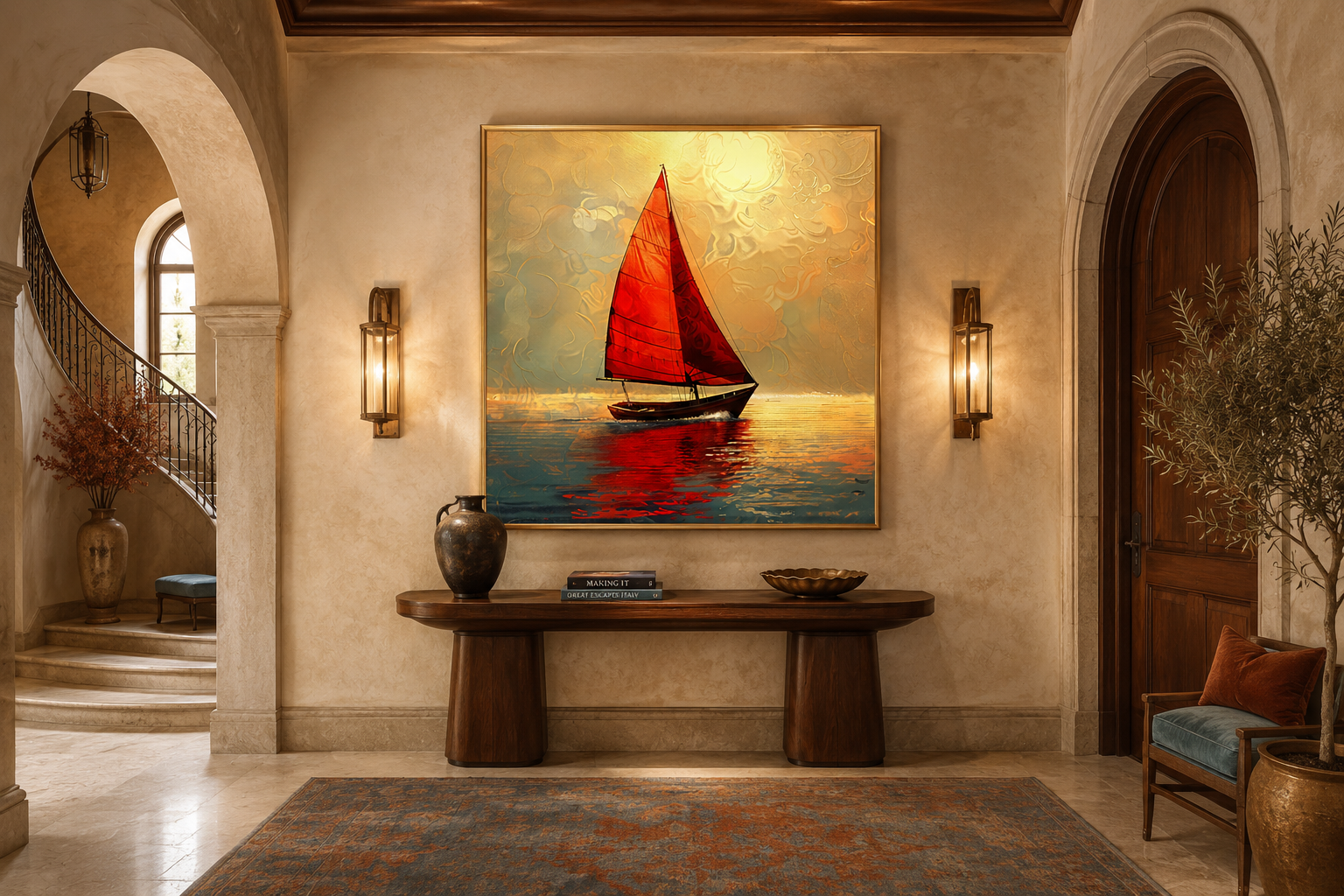 Boat With Red Sails In Golden Sunset Nautical Framed Canvas Wall Art