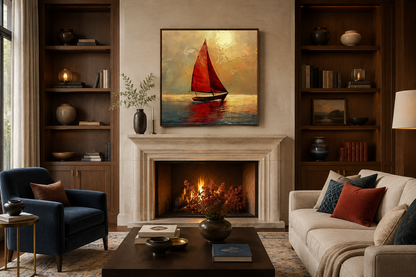 Boat With Red Sails In Golden Sunset Nautical Framed Canvas Wall Art