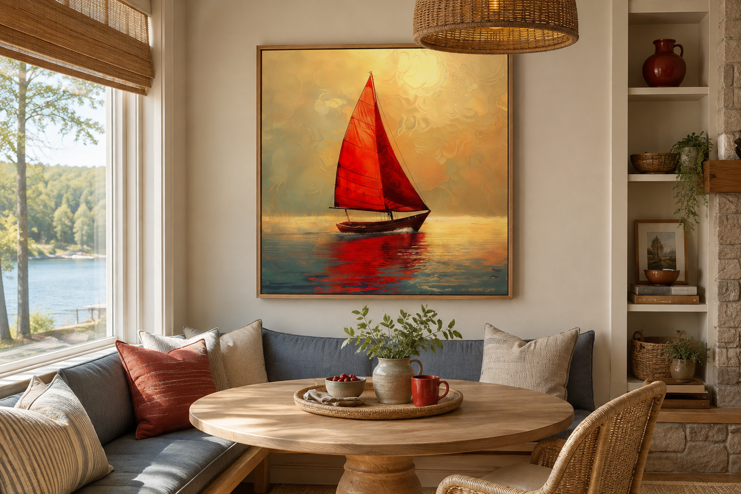 Boat With Red Sails In Golden Sunset Nautical Framed Canvas Wall Art