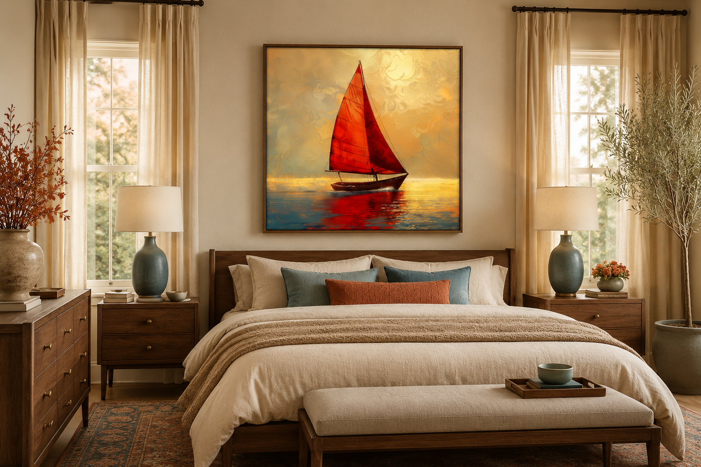 Boat With Red Sails In Golden Sunset Nautical Framed Canvas Wall Art