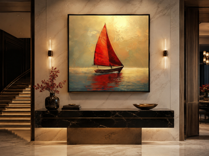 Boat With Red Sails In Golden Sunset Nautical Framed Canvas Wall Art