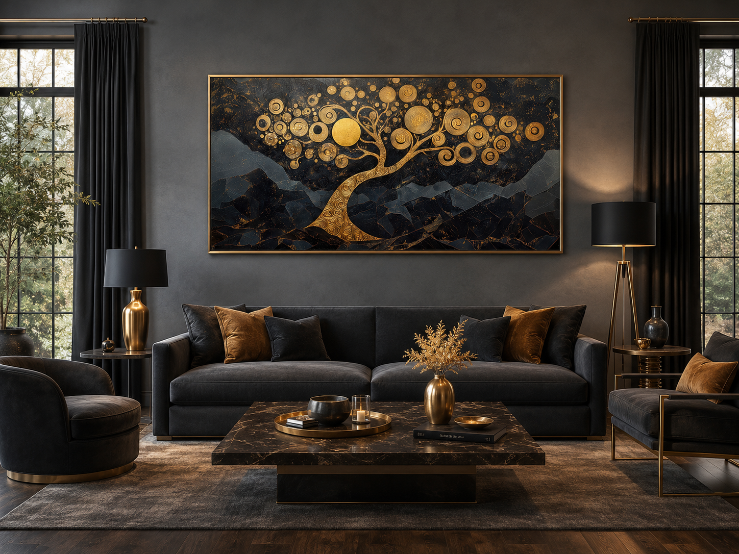 Gold Tree of Life Wall Art on Black Background