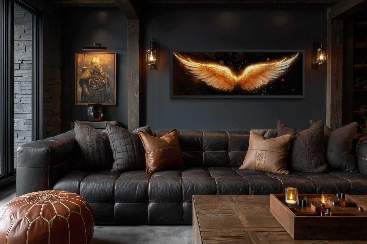 Golden Angel Wings Wall Art - Long Horizontal Canvas Print | Black Gold Bedroom Decor