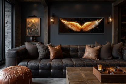 Golden Angel Wings Wall Art - Long Horizontal Canvas Print | Black Gold Bedroom Decor