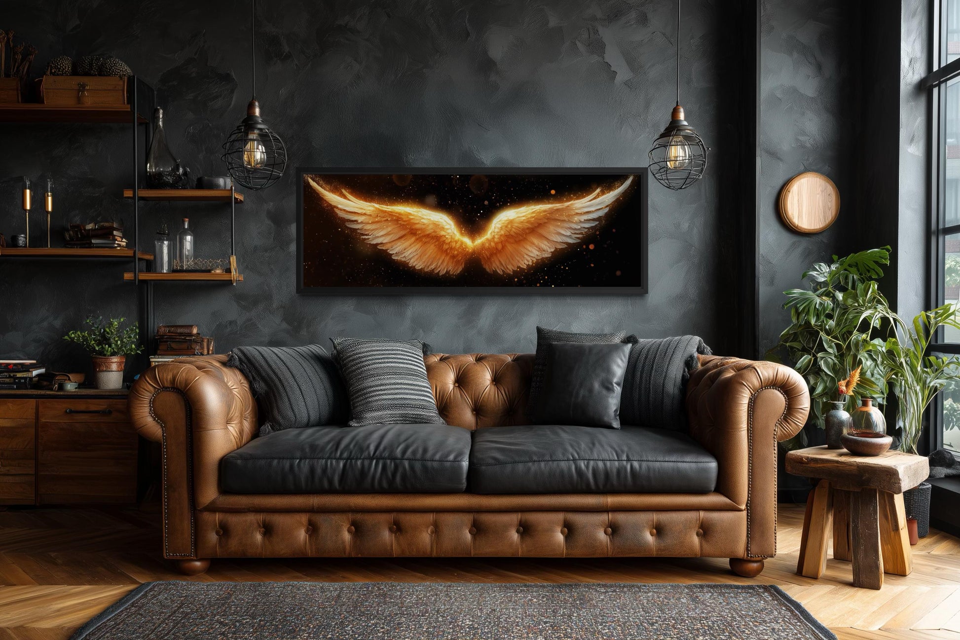 Golden Angel Wings Wall Art - Long Horizontal Canvas Print | Black Gold Bedroom Decor