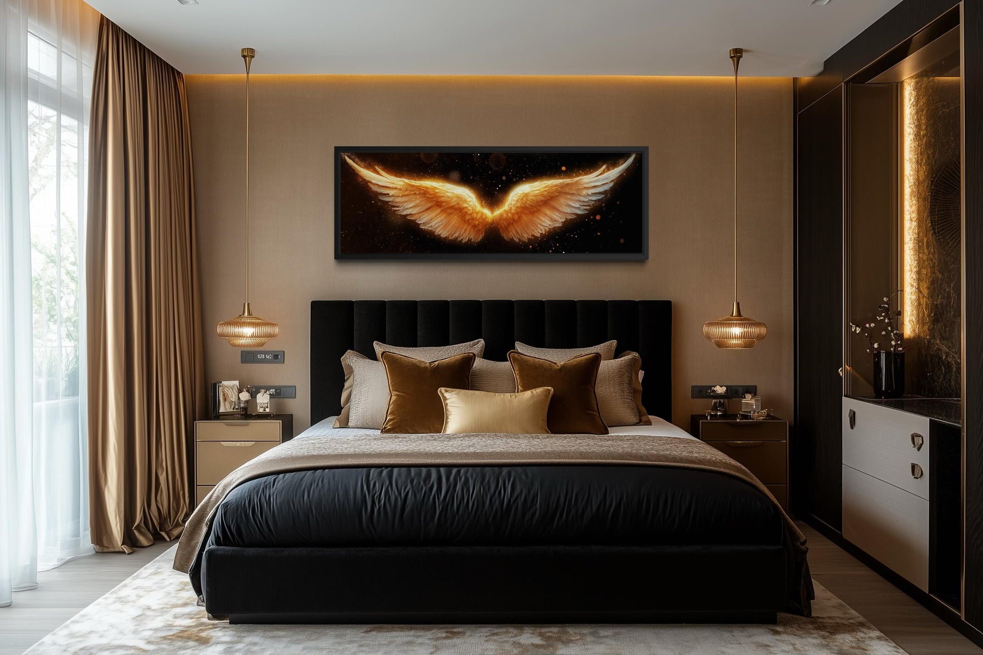 Golden Angel Wings Wall Art - Long Horizontal Canvas Print | Black Gold Bedroom Decor