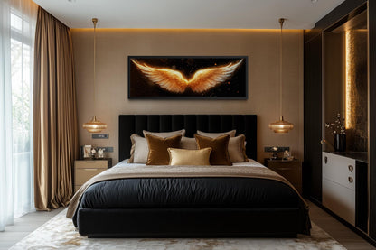Golden Angel Wings Wall Art - Long Horizontal Canvas Print | Black Gold Bedroom Decor