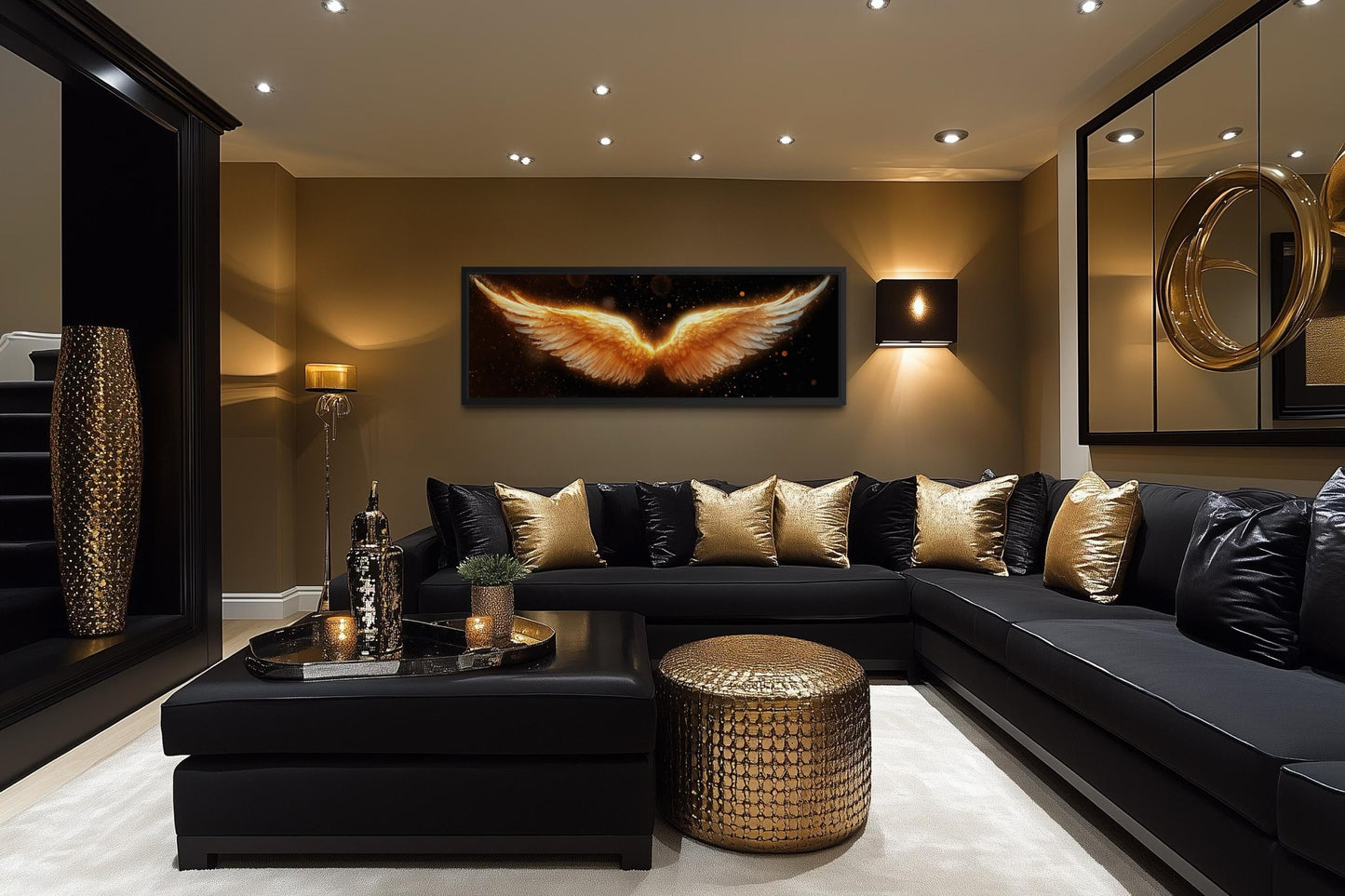 Golden Angel Wings Wall Art - Long Horizontal Canvas Print | Black Gold Bedroom Decor