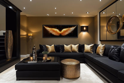 Golden Angel Wings Wall Art - Long Horizontal Canvas Print | Black Gold Bedroom Decor