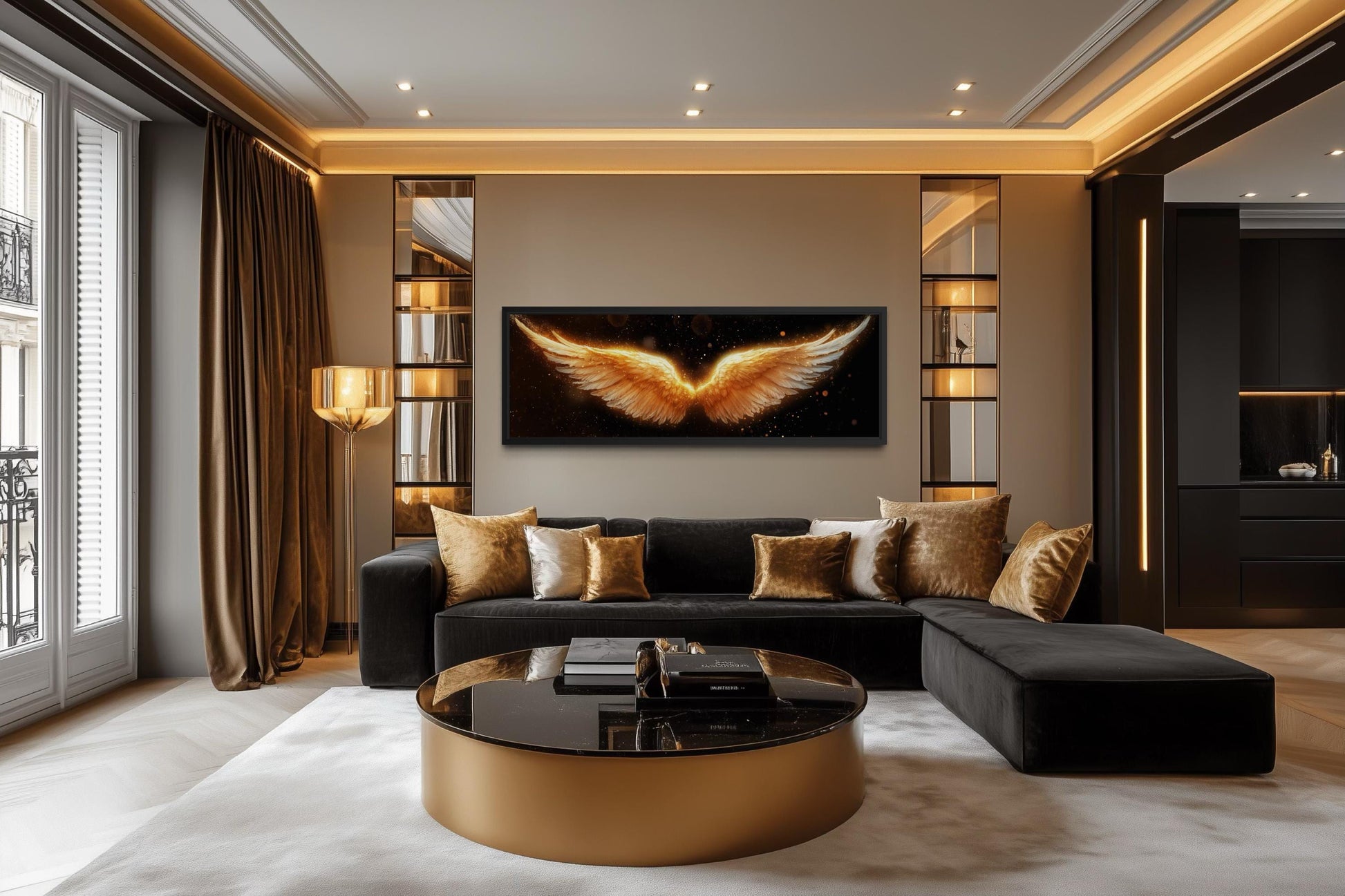 Golden Angel Wings Wall Art - Long Horizontal Canvas Print | Black Gold Bedroom Decor
