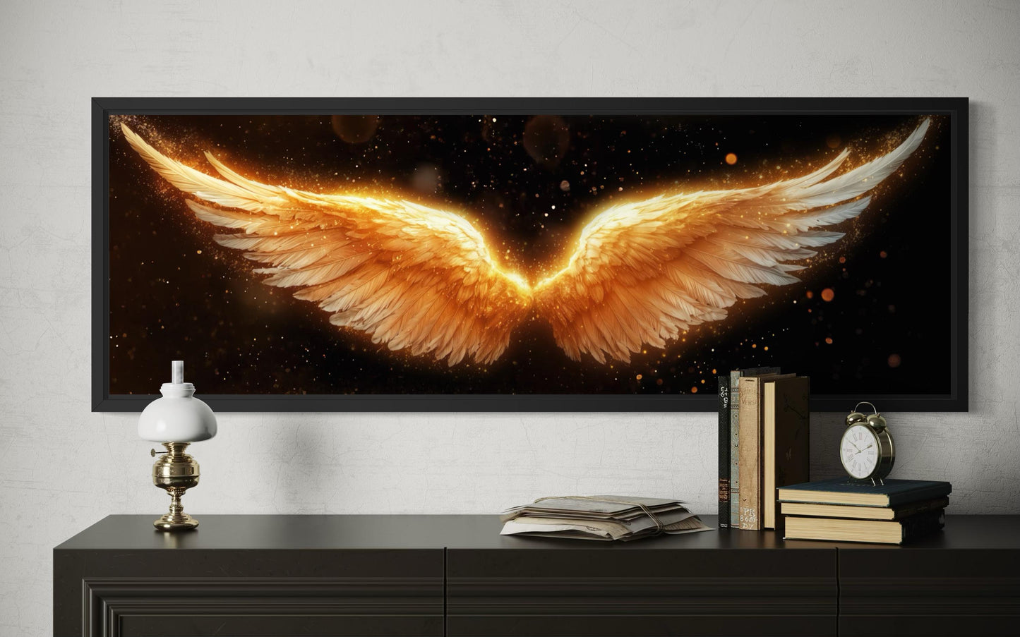 Golden Angel Wings Wall Art - Long Horizontal Canvas Print | Black Gold Bedroom Decor