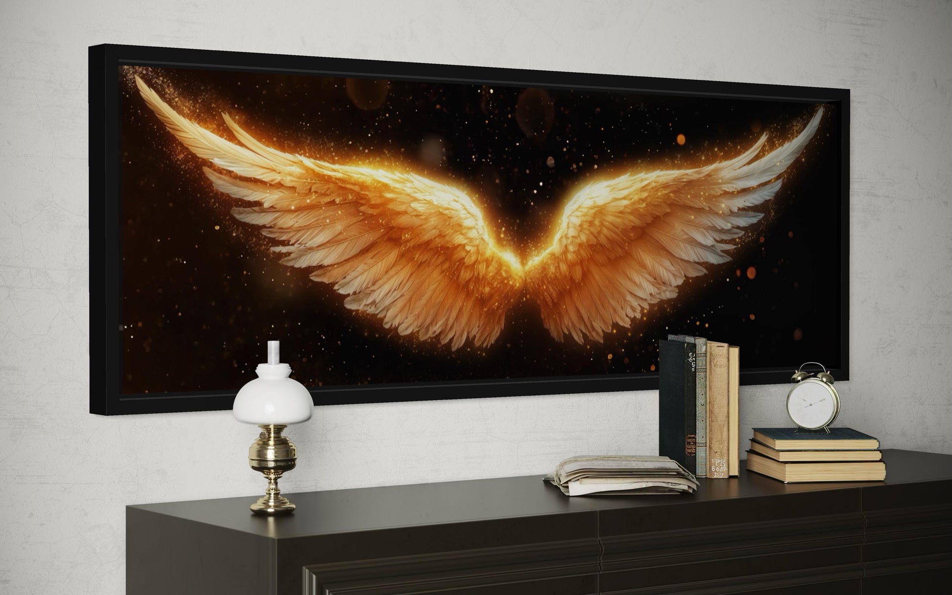 Golden Angel Wings Wall Art - Long Horizontal Canvas Print | Black Gold Bedroom Decor