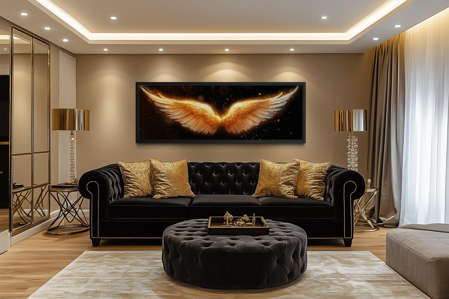 Golden Angel Wings Wall Art - Long Horizontal Canvas Print | Black Gold Bedroom Decor