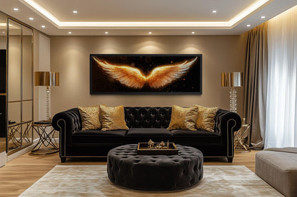 Golden Angel Wings Wall Art - Long Horizontal Canvas Print | Black Gold Bedroom Decor