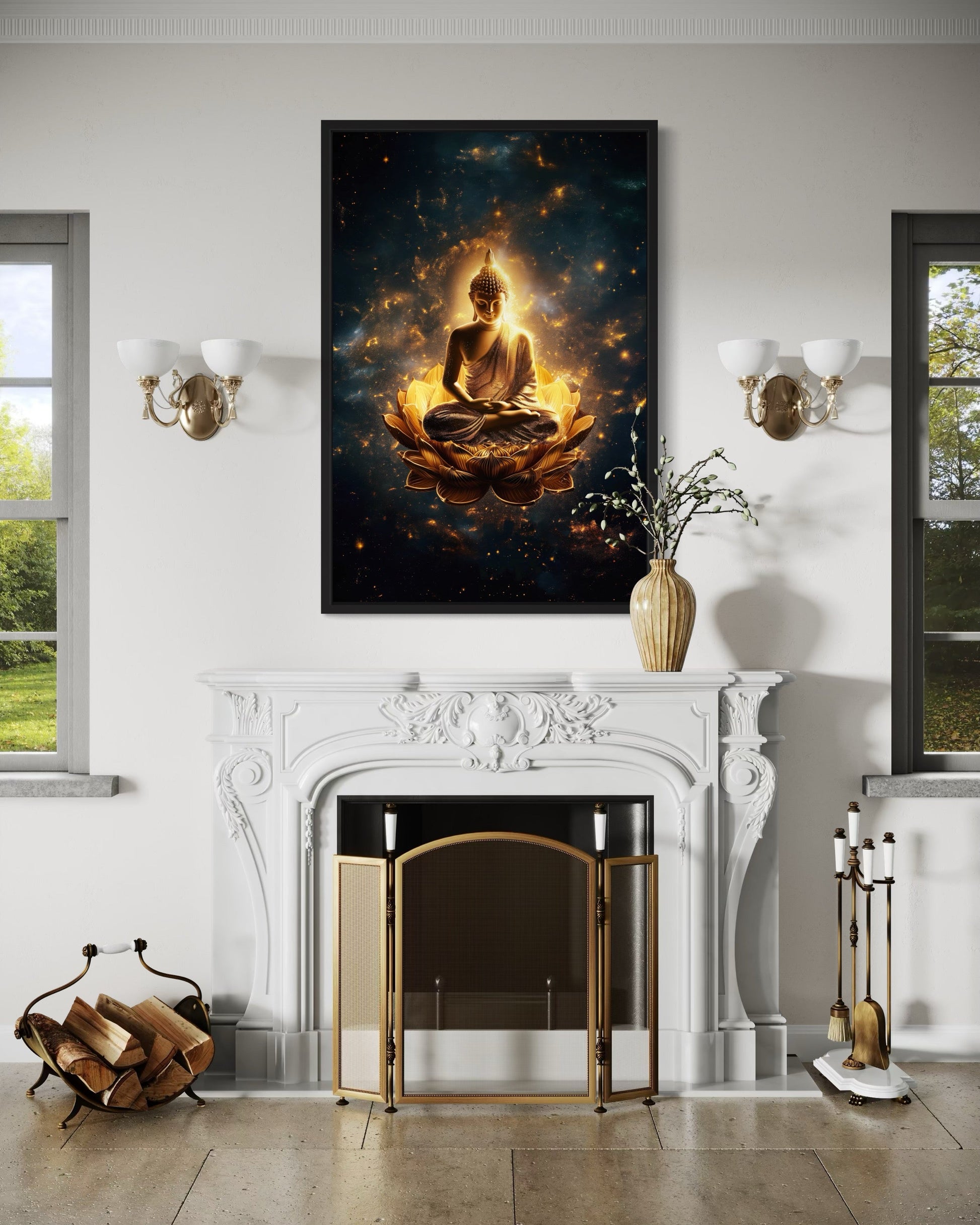 Golden Buddha With Lotus Flower Indian Framed Canvas Wall Art