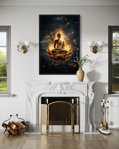 Golden Buddha With Lotus Flower Indian Framed Canvas Wall Art